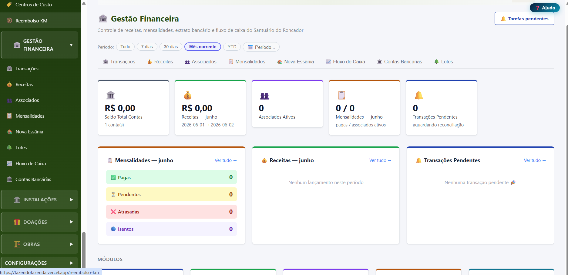 Dashboard do módulo Gestão Financeira