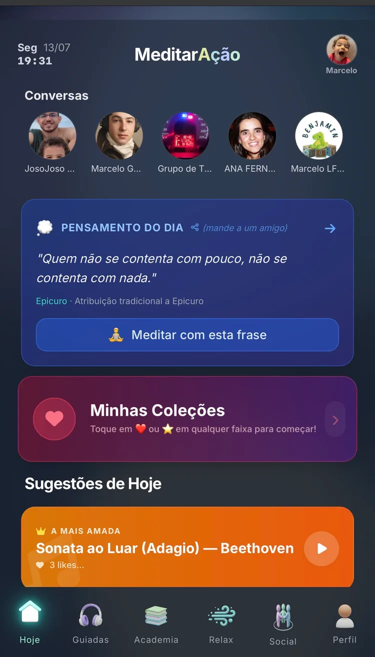 Prévia da tela inicial do MeditarAção