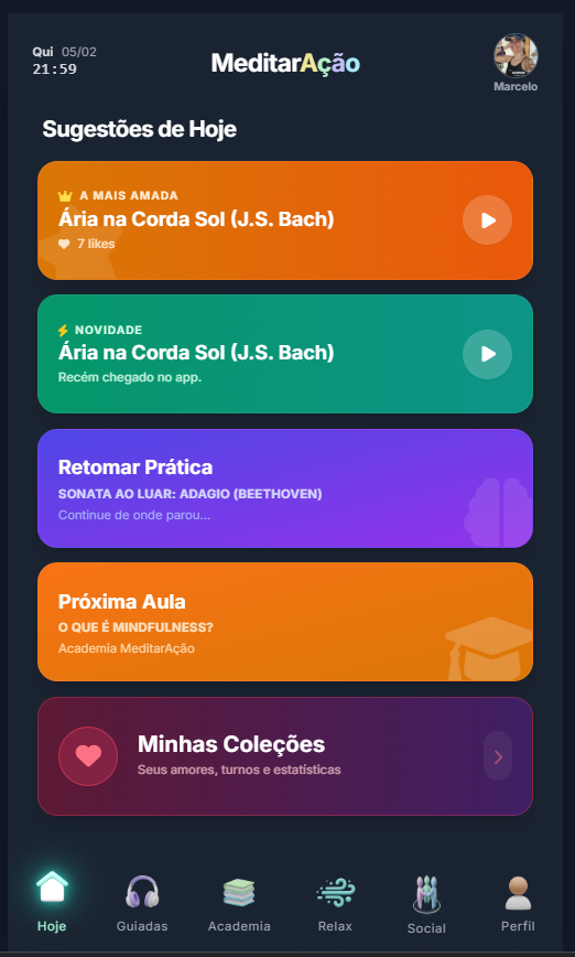 Prévia da tela inicial do MeditarAção